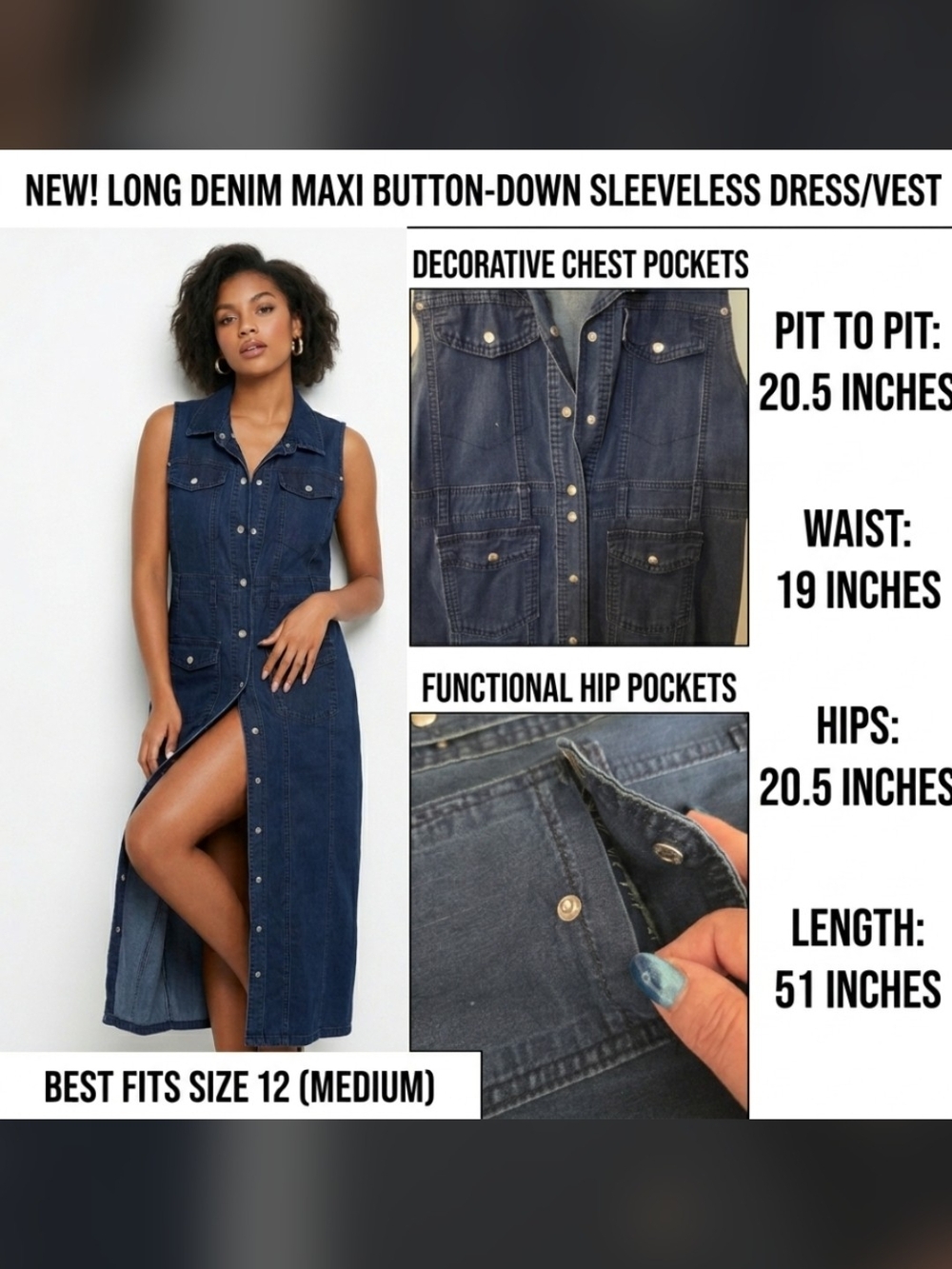 New! Long Denim Maxi Button-Down Sleeveless Dress/Vest
